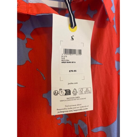 NWT Joules Red & Blue Floral Midi Button-Down Dress With 3/4 Sleeves Size 16 - Picture 6 of 8